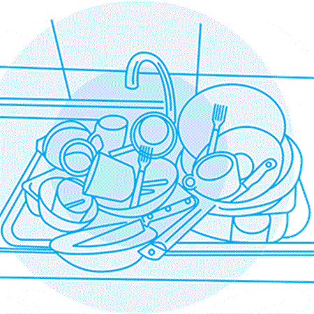 Illustration of a full sink of dirty dishes