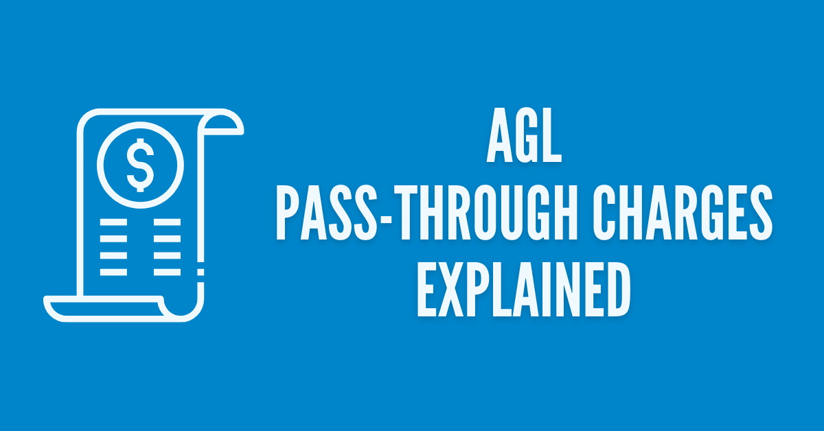 White line graphic of a bill with white copy "AGL PASS-THROUGH CHARGES EXPLAINED" on blue background