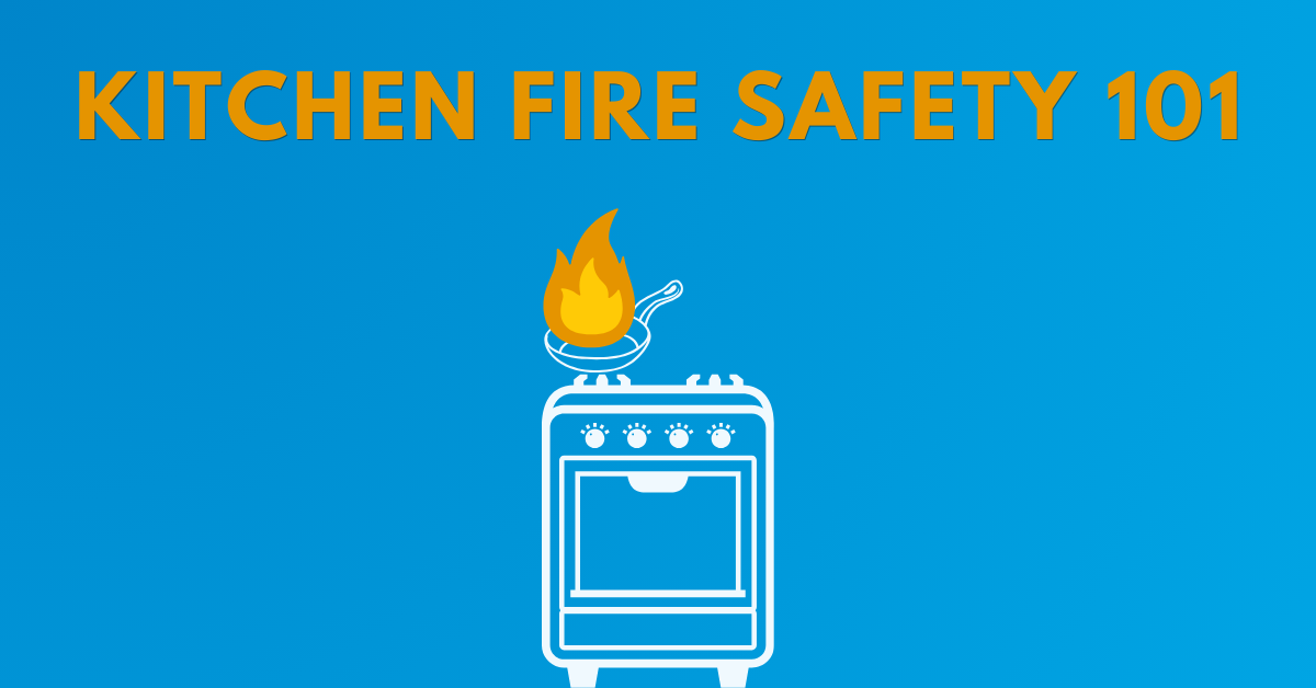 Line drawing of oven with pan on fire on the stove, text above says Kitchen Fire Safety 101